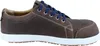 Side view of a brown Birkenstock shoe with blue laces and a white sole. Produktbild-Vorschau