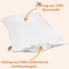 A white pillow is shown with arrows pointing to its features and text describing the materials. Voir les images du produit