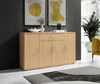A light brown sideboard with silver handles is shown in a room with two framed abstract art pieces on the wall behind it. Produktbild-Vorschau