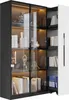 A modern, illuminated display cabinet with glass doors, showcasing various decorative items and books. Produktbild-Vorschau