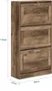A tall, narrow wooden shoe cabinet with three flip-down drawers, shown from a slight angle against a white background. Dimensions are indicated with measurement lines and numbers. Náhled obrázku produktu