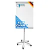 A white flip chart on a white wheeled stand, with branding and text on the flip chart. Produktbild-Vorschau