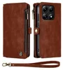 A brown leather wallet case for a smartphone, shown open and closed, with a wrist strap. Produktbild-Vorschau