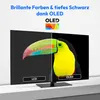 A television screen displaying a split image comparing LCD and OLED technology, with text overlays highlighting features. Produktbild-Vorschau