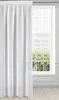A white curtain hangs in front of a window with a view of green foliage outside. Produktbild-Vorschau