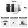 A product shot of a camera lens with dimensions and specifications displayed. Produktbild-Vorschau
