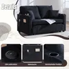 A black sofa with multiple detail shots below. The detail shots show USB charging, side pocket, and a cup holder. Produktbild-Vorschau