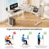 An L-shaped standing desk with dual monitors and a laptop, shown in a home office setting. Below the desk are three illustrations demonstrating ergonomic posture. Produktbild-Vorschau