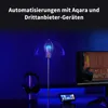A desk setup with a lamp, headphones, a computer monitor, and a tablet, illuminated by blue light. Produktbild-Vorschau
