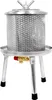 A stainless steel fruit press with legs, a sieve-like cylinder, and a lid. Produktbild-Vorschau