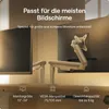 Two monitor arms are shown attached to monitors on a desk, with text overlays describing features. Produktbild-Vorschau