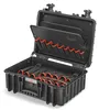 An open black tool case with multiple compartments and tool holders. Voir les images du produit