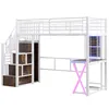 A white metal loft bed with integrated stairs, shelves, and a desk, set against a white background. Anteprima dell’immagine prodotto