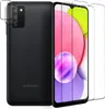 A black Samsung Galaxy A03s smartphone is shown next to two screen protectors and two camera lens protectors. Produktbild-Vorschau