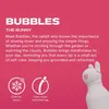 Marketing image for a water bottle featuring a cartoon bunny character named Bubbles, with descriptive text and feature icons. Anteprima dell’immagine prodotto