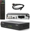 A collection of electronic devices for satellite television reception, including a remote control, a digital receiver box, and a cable. Produktbild-Vorschau