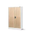A two-door metal cabinet with a wood-grain finish on the doors and a white frame, set against a white background. Produktbild-Vorschau