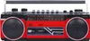 A red and black boombox with speakers and controls. Náhled obrázku produktu