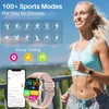 A woman is running outdoors while wearing a smartwatch. The image also displays marketing text and icons related to the smartwatch's features. Produktbild-Vorschau
