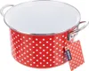 A red and white polka dot enamel pot with silver handles, shown against a white background. A product tag is attached to one of the handles. Produktbild-Vorschau