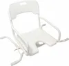 A white shower chair with a U-shaped seat and armrests, shown from a diagonal angle against a white background. Produktbild-Vorschau