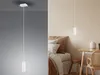 A collage showing a white pendant light on a gray background and in a bedroom setting. Produktbild-Vorschau