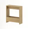 A modern oak-colored side table with two shelves against a white background.