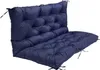 A dark blue tufted bench cushion with ties, shown from a side angle against a white background. Produktbild-Vorschau
