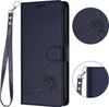 A dark blue flip case wallet for a Samsung Galaxy J4 Plus with a cute cat embossed on the front and a wrist strap. Produktbild-Vorschau