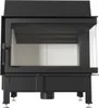 A black metal fireplace insert with a glass door and white interior panels, shown from the front on a white background. Produktbild-Vorschau