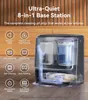 A close-up marketing image of a robotic vacuum cleaner base station with various features highlighted by icons and text. Anteprima dell’immagine prodotto