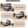 A collage of images showing a gray sofa bed in different configurations and states of use, with text overlays describing its functions. Voir les images du produit
