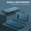 Three views of a blue leather wallet-style phone case are displayed on blue geometric platforms against a blue background. Text overlays highlight the product's slim and lightweight features. Produktbild-Vorschau