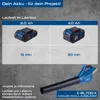 A marketing image showing two batteries with different capacities and their corresponding runtimes, followed by an image of a leaf blower. Náhled obrázku produktu
