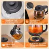 A collage of four images showing different features of a glass electric kettle. Produktbild-Vorschau