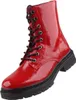 Auf dem Bild ist ein roter Stiefel zu sehen der von der Vorderseite betrachtet wird. Der Schuh hat eine glatte Oberfläche und eine hohe Form die bis zur Wade reicht. Produktbild-Vorschau