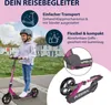 A young girl is riding a purple scooter, with marketing text and close-up images of the scooter's features. Produktbild-Vorschau