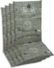 A stack of gray chair cushions with a printed pattern of text and decorative elements. Produktbild-Vorschau