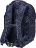 The back view of a dark blue backpack with a geometric pattern. Voir les images du produit