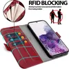 A red flip case for a Samsung Galaxy S20 Plus phone, showing its card slots and RFID blocking feature. Podgląd zdjęcia produktu