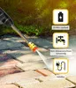 A pressure washer spraying water on a paved surface, with marketing icons and text overlays. Produktbild-Vorschau