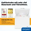 A white chest freezer with its lid open, displaying awards and product information. Produktbild-Vorschau