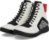 A pair of white, black, and red lace-up boots with an animal print detail on the side, presented against a white background. Náhled obrázku produktu