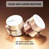 Two jars of Clarins anti-aging cream are displayed on a reflective gold and brown background, with text overlay indicating "YOUR ANTI-AGING ROUTINE" and product names. Anteprima dell’immagine prodotto