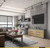 A modern living room with a sofa, coffee table, and a media console with a TV mounted above it. Podgląd zdjęcia produktu