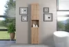 A tall, narrow wooden cabinet with shelves and drawers is shown in a modern bathroom setting with a large window and a bathtub. Produktbild-Vorschau