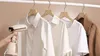 A hand holding a portable steamer is shown in front of several white shirts and a brown coat hanging on a rack. Produktbild-Vorschau