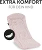 A pink padded seat liner with a small feather pattern, designed for a child's stroller or buggy. Text above indicates "EXTRA KOMFORT FÜR DEIN KIND" (Extra Comfort for Your Child). Produktbild-Vorschau