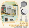 A collage-style image showcasing a children's play kitchen and its accessories, with text overlays highlighting the product and its features. Produktbild-Vorschau