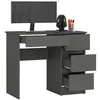 A modern, minimalist PC desk in graphite gray with a monitor, keyboard, headphones, and pens on top. Several drawers are visible, some open. Produktbild-Vorschau